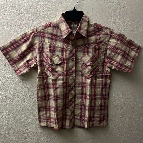 Indigo Star Vintage Button Down Shirt Short Sleeve Cotton Plaid BackRodeoPrint S - Picture 2 of 16